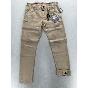 Smugglers Moon Jeans Mens 34x32 Khaki Beige Denim Button Fly Roll Up Distressed